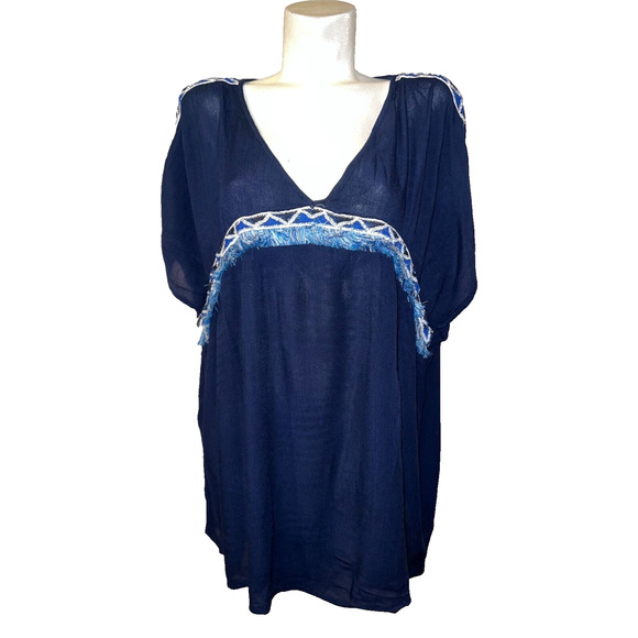 ATMOSPHERE Top Women's Size L Blue Fringe Accent V-neck Swim Beach Cover Up - Picture 1 of 7